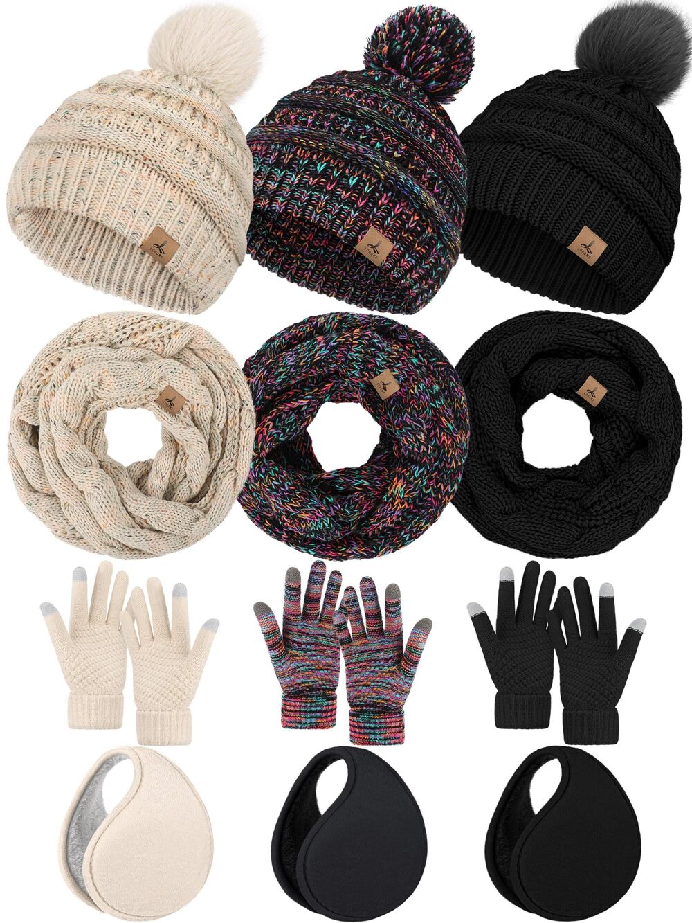 1545 Earmuffs Hat Gloves Scarf Set , Black Colorful Off White Confetti